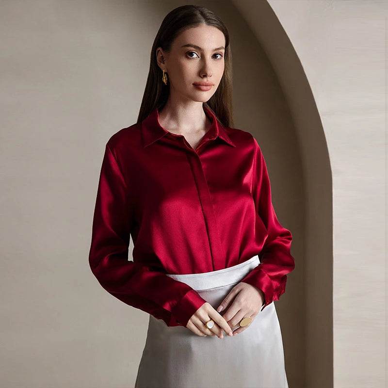 Elegant Silk Long Sleeve Shirt - 100% Pure Mulberry Silk 19 Momme - The Silk Hive