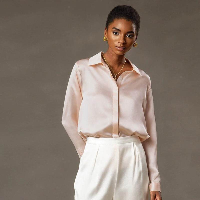 Elegant Silk Long Sleeve Shirt - 100% Pure Mulberry Silk 19 Momme - The Silk Hive